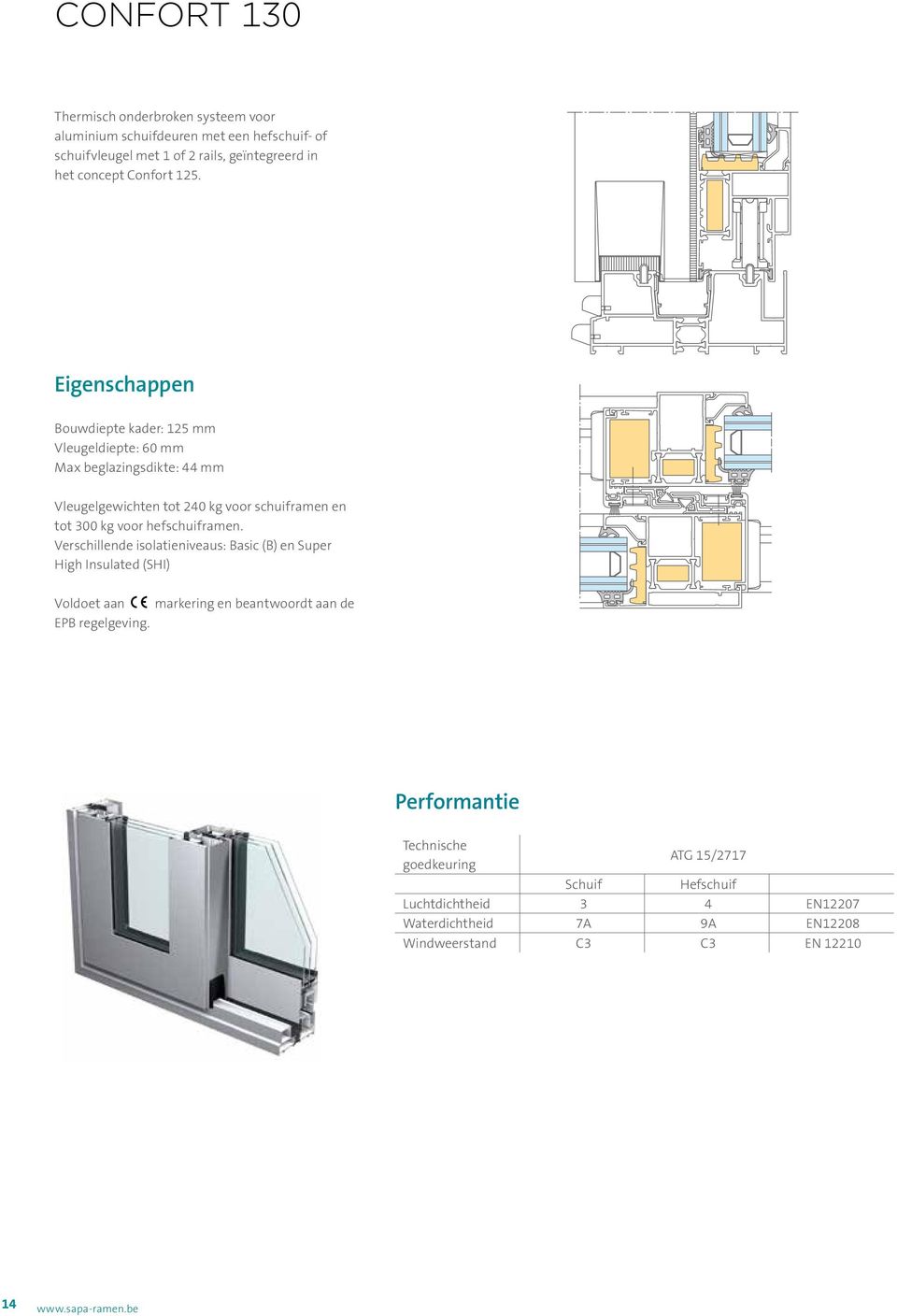 Bouwdiepte kader: 125 mm Vleugeldiepte: 60 mm Max beglazingsdikte: 44 mm Vleugelgewichten tot 240 kg voor schuiframen en tot 300 kg voor