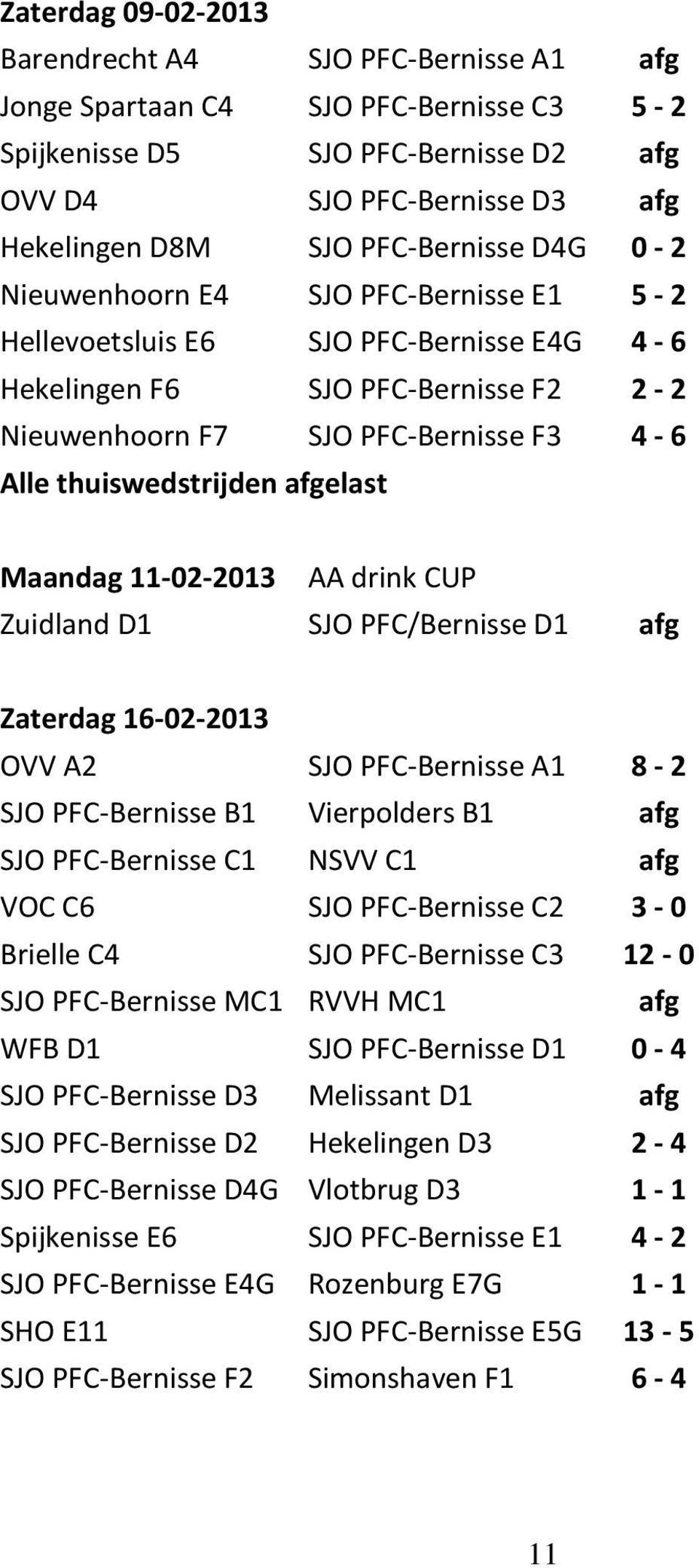 thuiswedstrijden afgelast Maandag 11-02-2013 AA drink CUP Zuidland D1 SJO PFC/Bernisse D1 afg Zaterdag 16-02-2013 OVV A2 SJO PFC-Bernisse A1 8-2 SJO PFC-Bernisse B1 Vierpolders B1 afg SJO