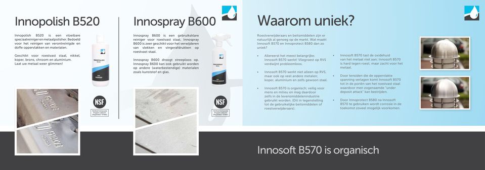 Innospray B600 is zeer geschikt voor het verwijderen van vlekken en vingerafdrukken op roestvast staal. Innospray B600 droogt streeploos op.