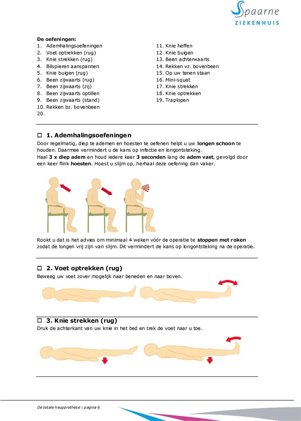 Knie strekken 18. Knie optrekken 19. Traplopen 1. Ademhalingsoefeningen Door regelmatig, diep te ademen en hoesten te oefenen helpt u uw longen schoon te houden.