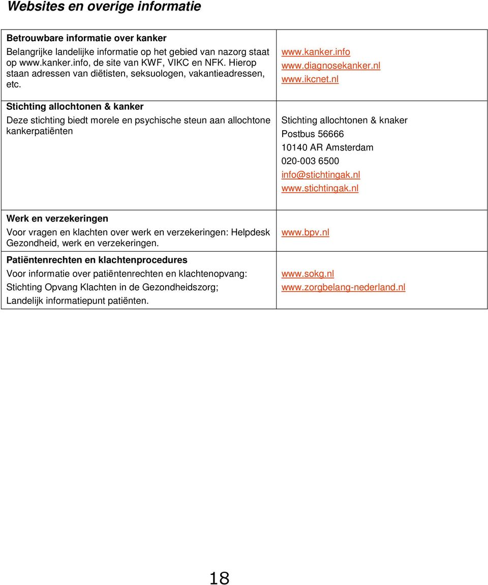 diagnosekanker.nl www.ikcnet.nl Stichting allochtonen & knaker Postbus 56666 10140 AR Amsterdam 020-003 6500 info@stichtingak.