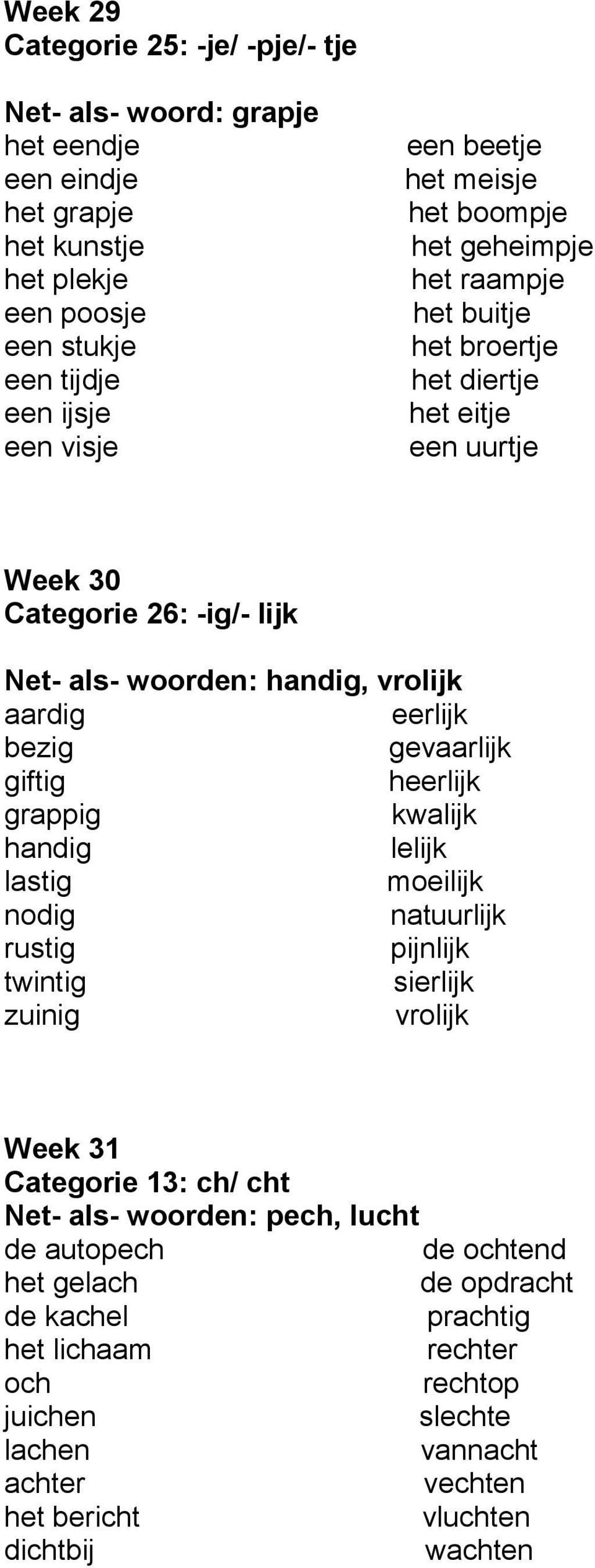 bezig gevaarlijk giftig heerlijk grappig kwalijk handig lelijk lastig moeilijk nodig natuurlijk rustig pijnlijk twintig sierlijk zuinig vrolijk Week 31 Categorie 13: ch/ cht Net- als-