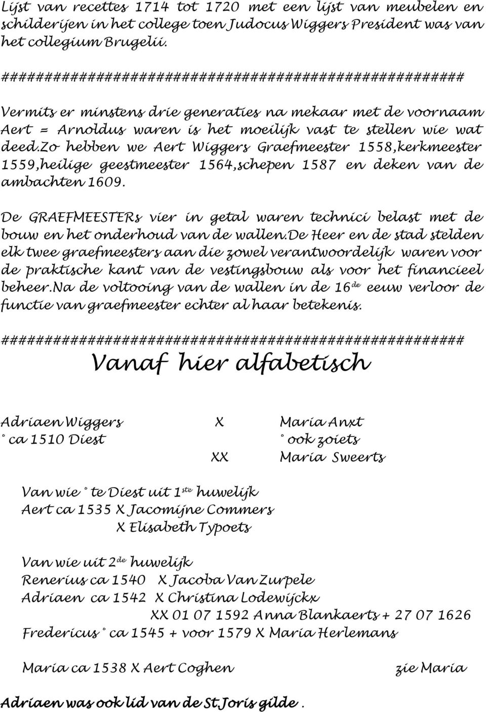 zo hebben we Aert Wiggers Graefmeester 1558,kerkmeester 1559,heilige geestmeester 1564,schepen 1587 en deken van de ambachten 1609.