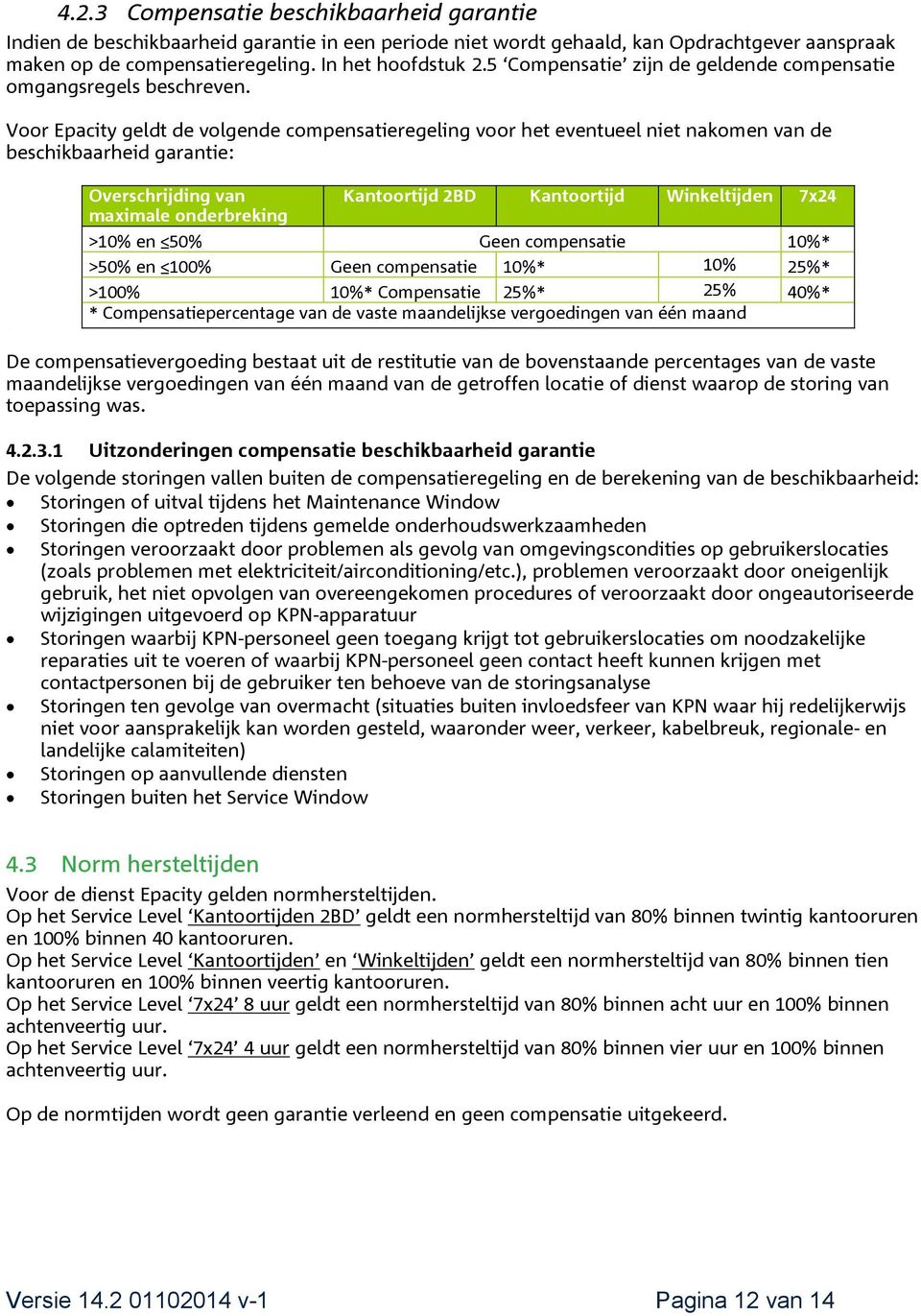 Voor Epacity geldt de volgende compensatieregeling voor het eventueel niet nakomen van de beschikbaarheid garantie: Overschrijding van maximale onderbreking Kantoortijd 2BD Kantoortijd Winkeltijden