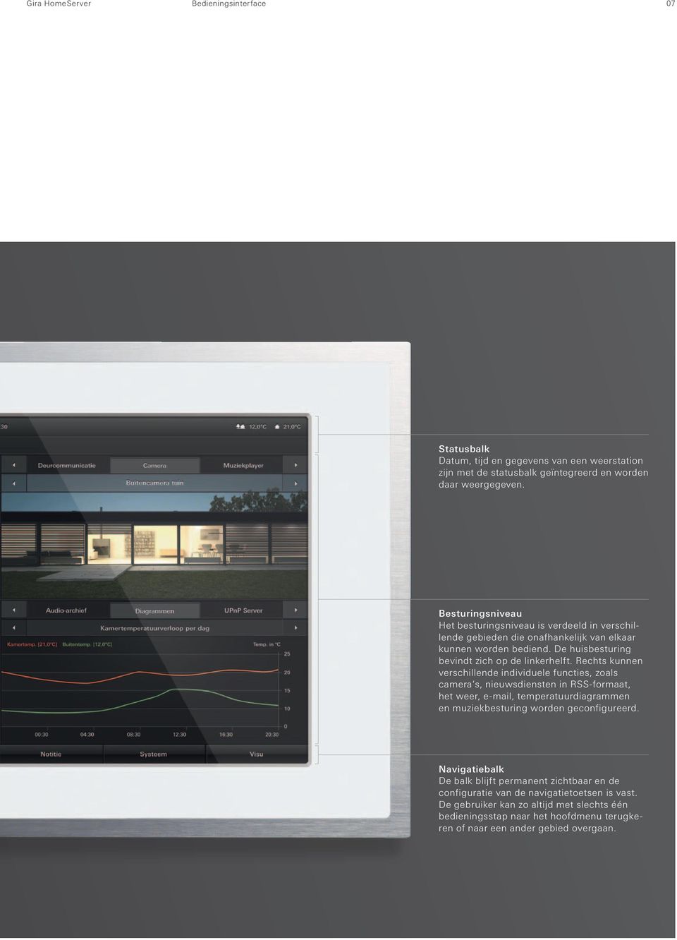 Rechts kunnen verschillende individuele functies, zoals camera s, nieuwsdiensten in RSS-formaat, het weer, e-mail, temperatuurdiagrammen en muziekbesturing worden geconfigureerd.