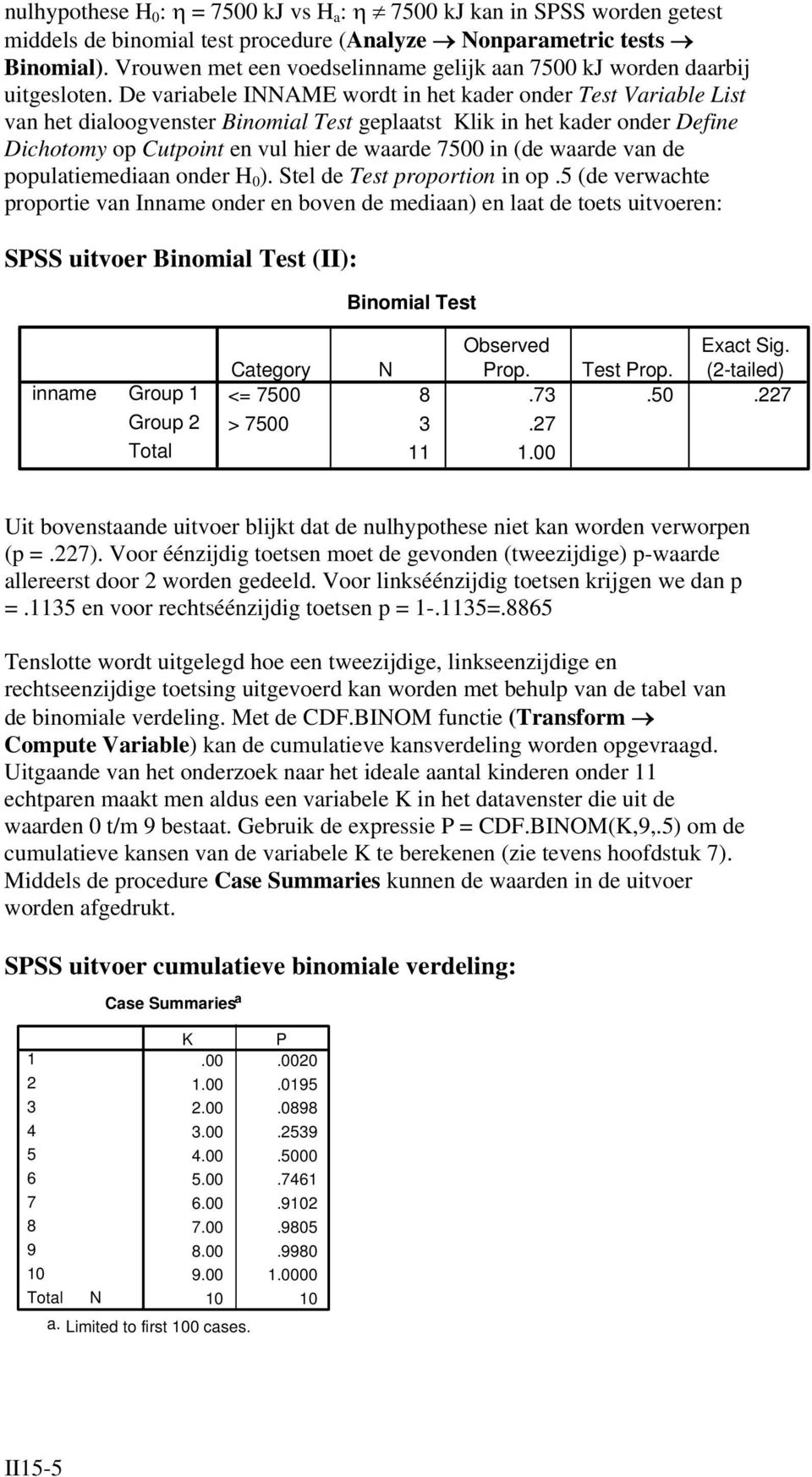 De variabele INNAME wordt in het kader onder Test Variable List van het dialoogvenster Binomial Test geplaatst Klik in het kader onder Define Dichotomy op Cutpoint en vul hier de waarde 7500 in (de