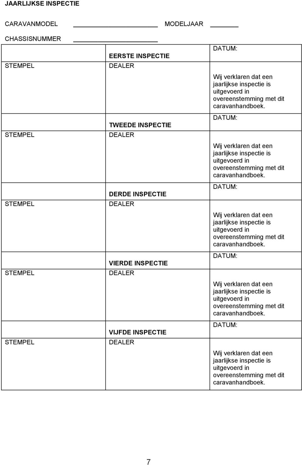 DATUM: Wij verklaren dat een jaarlijkse inspectie is uitgevoerd in overeenstemming met dit caravanhandboek.