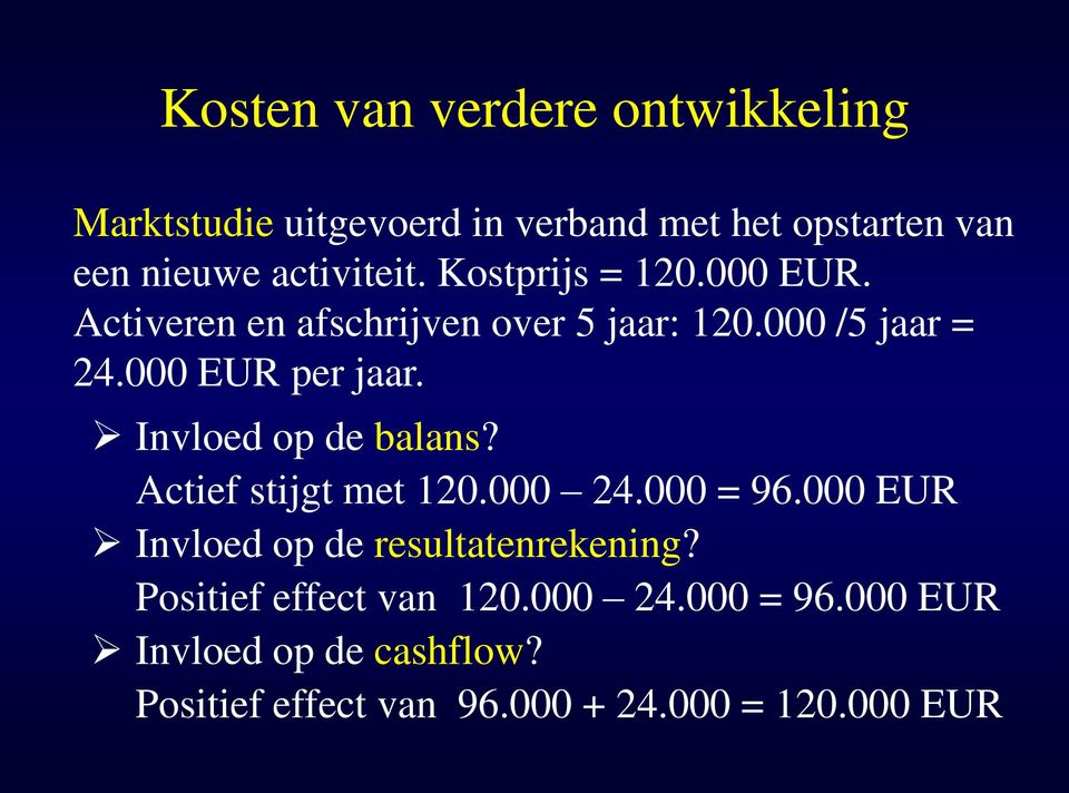 000 EUR per jaar. Invloed op de balans? Actief stijgt met 120.000 24.000 = 96.