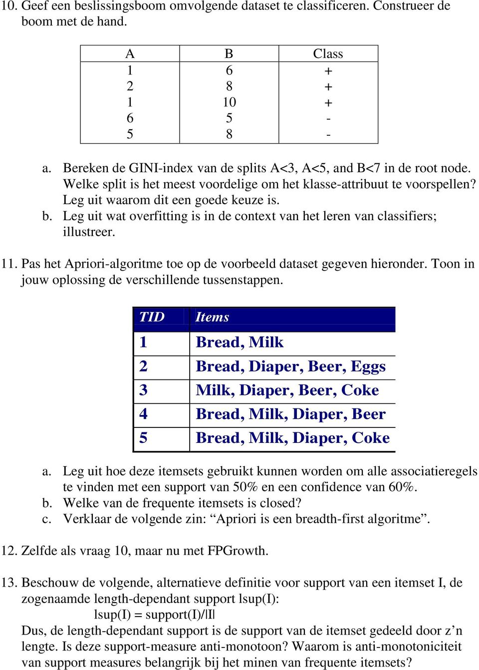 Leg uit wat overfitting is in de context van het leren van classifiers; illustreer. 11. Pas het Apriori-algoritme toe op de voorbeeld dataset gegeven hieronder.