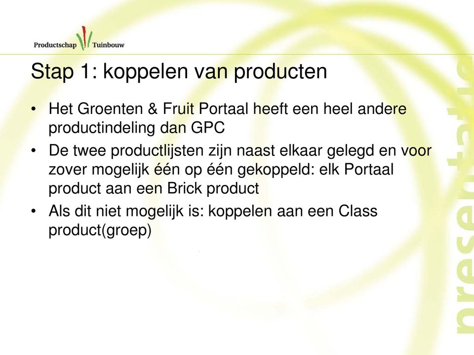 gelegd en voor zover mogelijk één op één gekoppeld: elk Portaal product aan