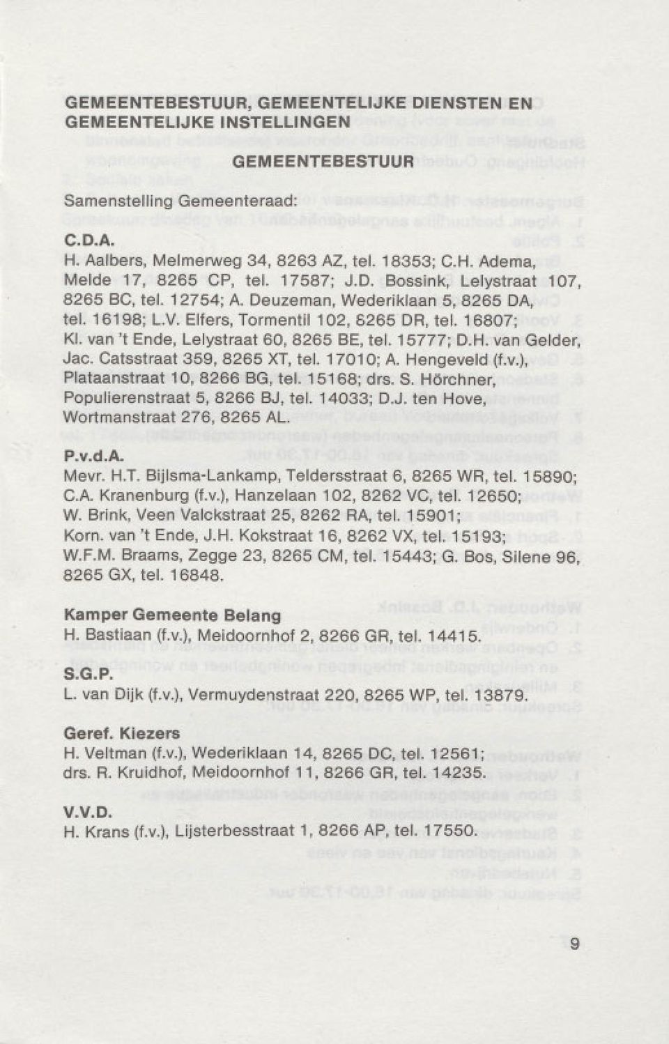 15777; D.H. van Gelder, Jac. Catsstraat 359, 8265 XT, tel. 17010; A. Hengeveld (f.v.), Plataanstraat 10,8266 BG, tel. 15168; drs. S. Horchner, Populierenstraat 5, 8266 BJ, tel. 14033; D.J. ten Hove, Wortmanstraat 276, 8265 AL.