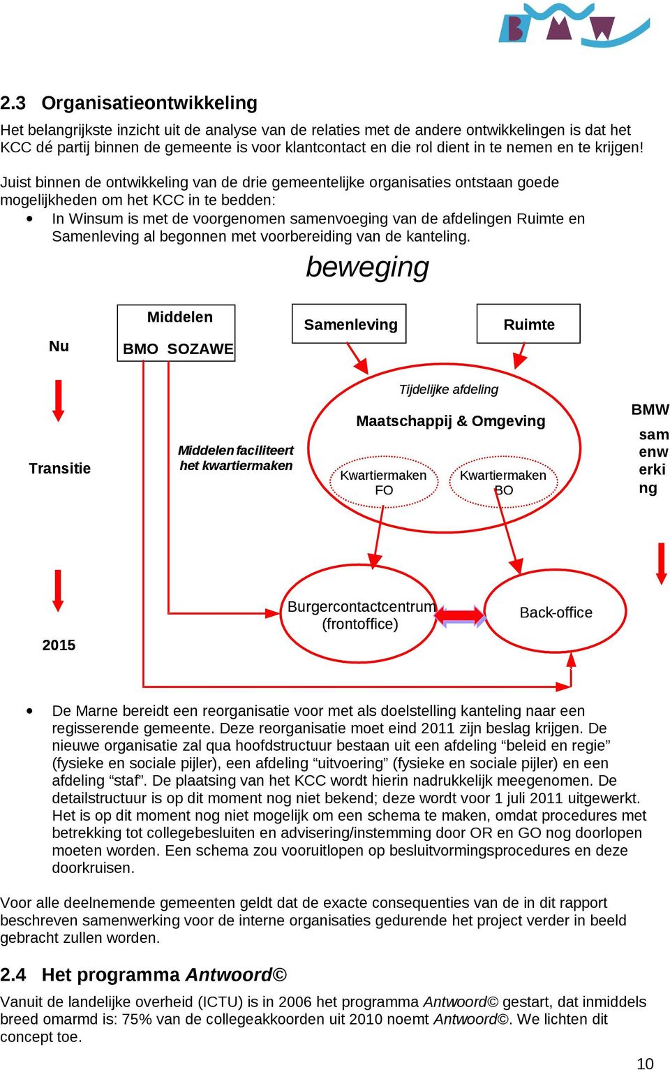 Juist binnen de ontwikkeling van de drie gemeentelijke organisaties ontstaan goede mogelijkheden om het KCC in te bedden: In Winsum is met de voorgenomen samenvoeging van de afdelingen Ruimte en