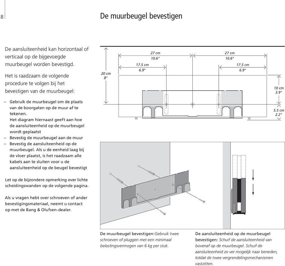 9" Gebruik de muurbeugel om de plaats van de boorgaten op de muur af te tekenen. Het diagram hiernaast geeft aan hoe 5.5 cm 2.