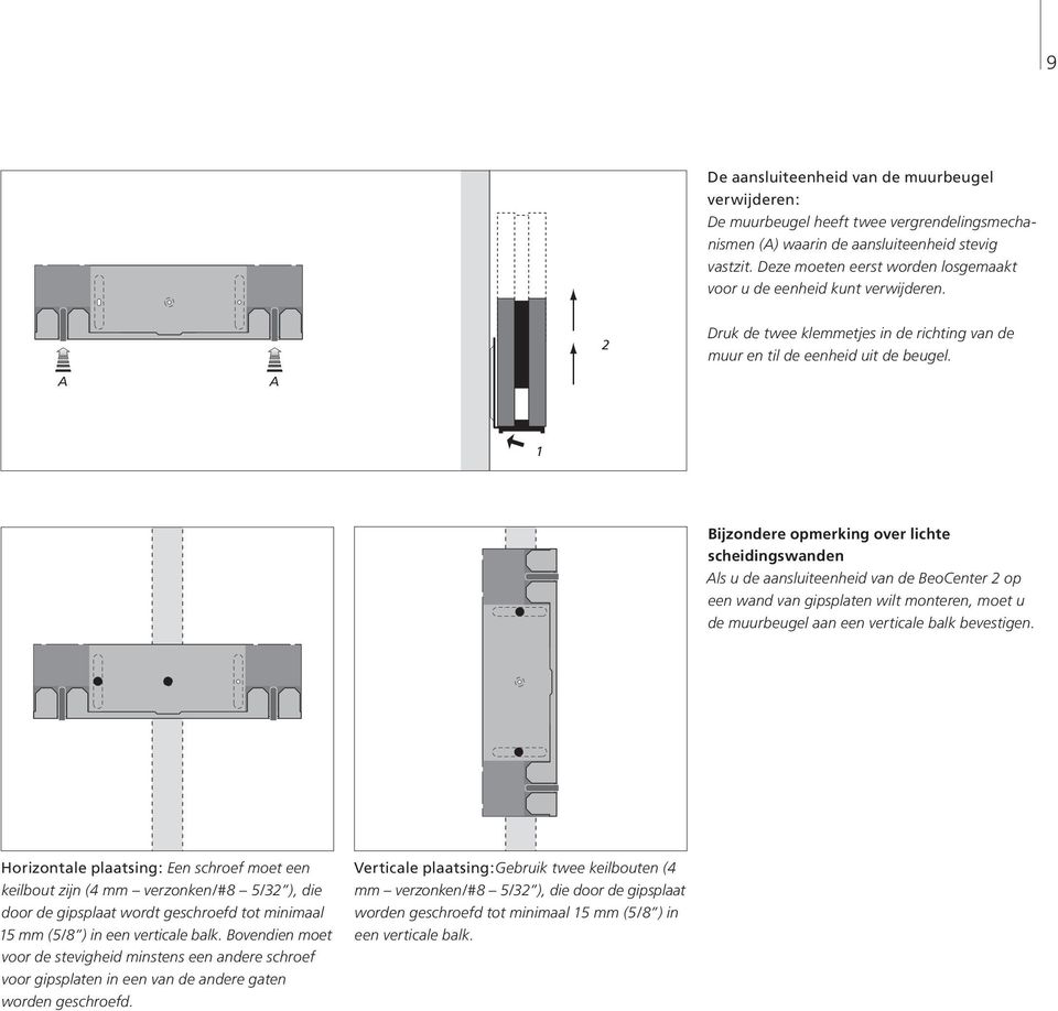 1 Bijzondere opmerking over lichte scheidingswanden Als u de aansluiteenheid van de BeoCenter 2 op een wand van gipsplaten wilt monteren, moet u de muurbeugel aan een verticale balk bevestigen.