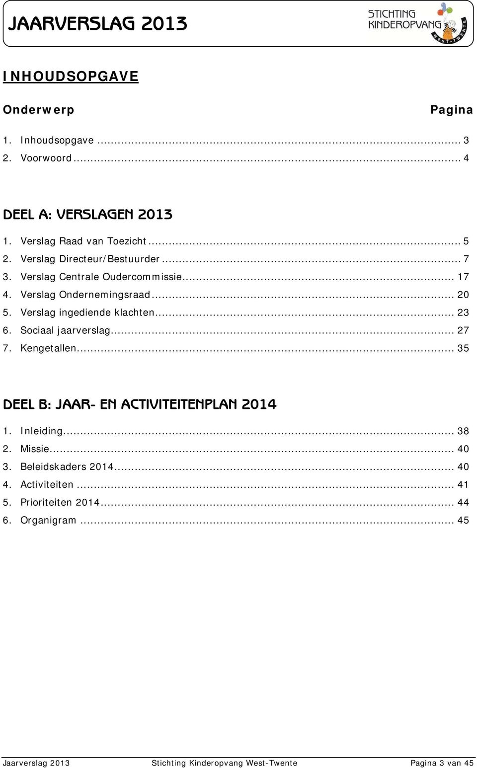 .. 23 6. Sociaal jaarverslag... 27 7. Kengetallen... 35 DEEL B: JAAR- EN ACTIVITEITENPLAN 2014 1. Inleiding... 38 2. Missie... 40 3.