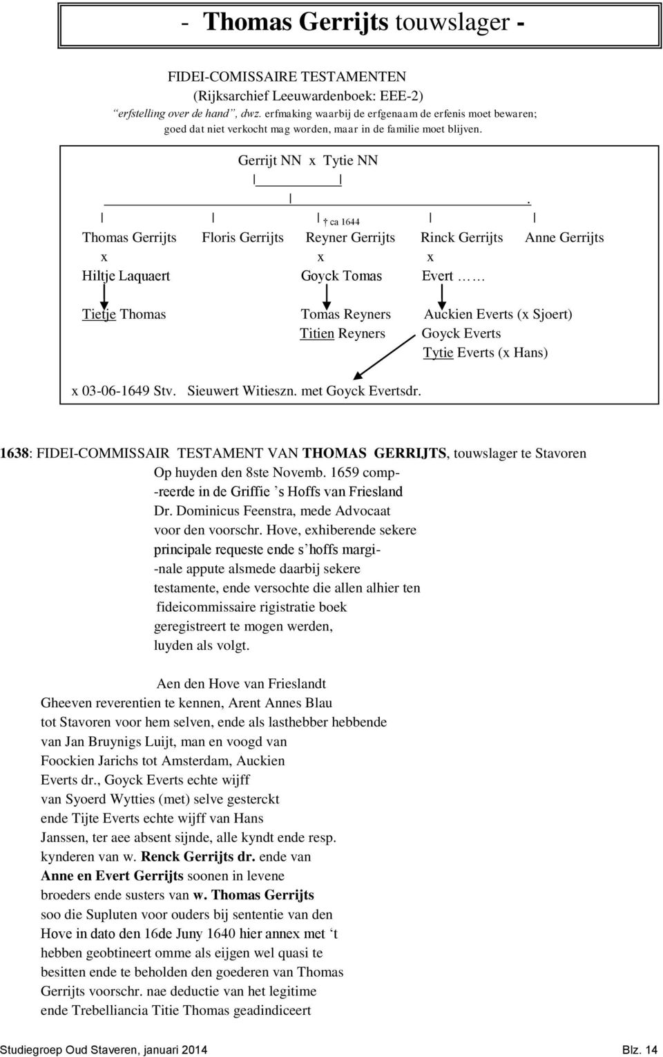 ca 1644 Thomas Gerrijts Floris Gerrijts Reyner Gerrijts Rinck Gerrijts Anne Gerrijts x x x Hiltje Laquaert Goyck Tomas Evert Tietje Thomas Tomas Reyners Auckien Everts (x Sjoert) Titien Reyners Goyck