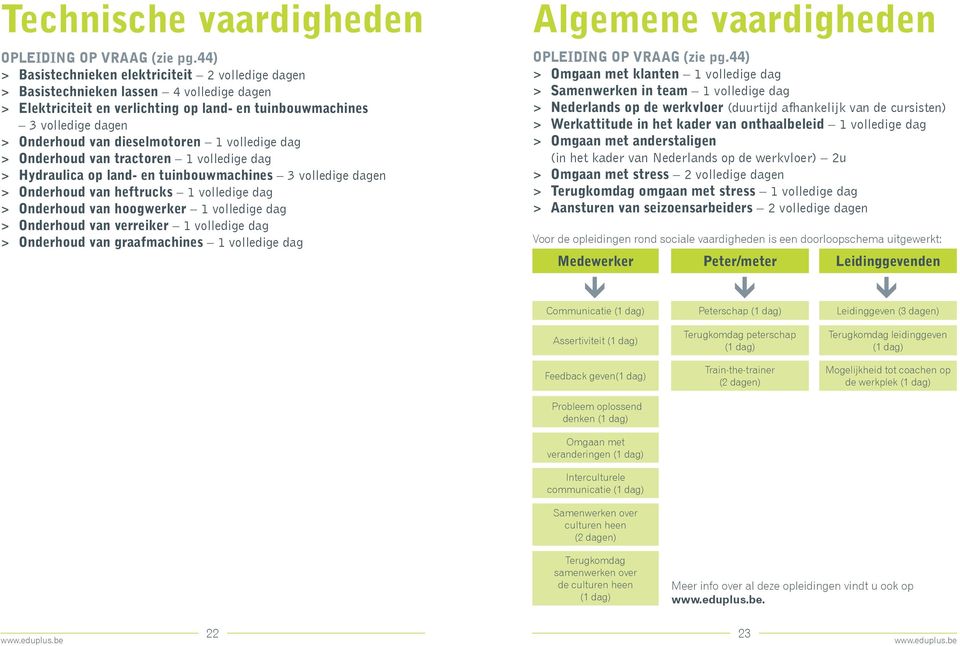 dag > > Onderhoud van hoogwerker 1 volledige dag > > Onderhoud van verreiker 1 volledige dag > > Onderhoud van graafmachines 1 volledige dag Algemene vaardigheden > > Omgaan met klanten 1 volledige