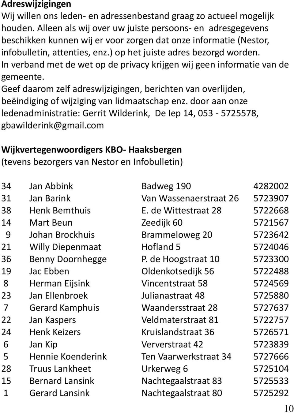 In verband met de wet op de privacy krijgen wij geen informatie van de gemeente. Geef daarom zelf adreswijzigingen, berichten van overlijden, beëindiging of wijziging van lidmaatschap enz.