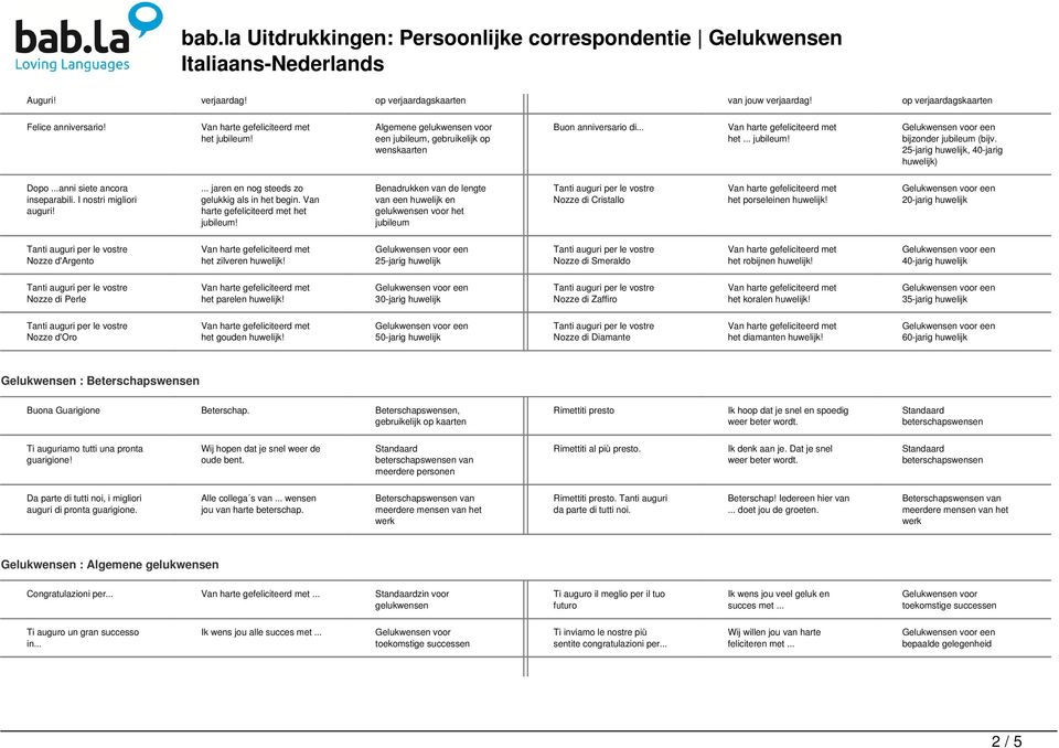 Benadrukken van de lengte van een huwelijk en gelukwensen voor het jubileum Nozze di Cristallo het porseleinen huwelijk! 20-jarig huwelijk Nozze d'argento het zilveren huwelijk!