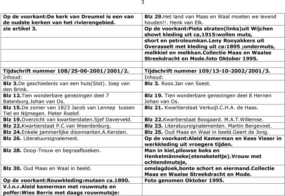 collectie Maas en Waalse Streekdracht en Mode.foto Oktober 1995. Tijdschrift nummer 108/25-06-2001/2001/2. Tijdschrift nummer 109/13-10-2002/2001/3. Blz 3.De geschiedenis van een huis(slot).