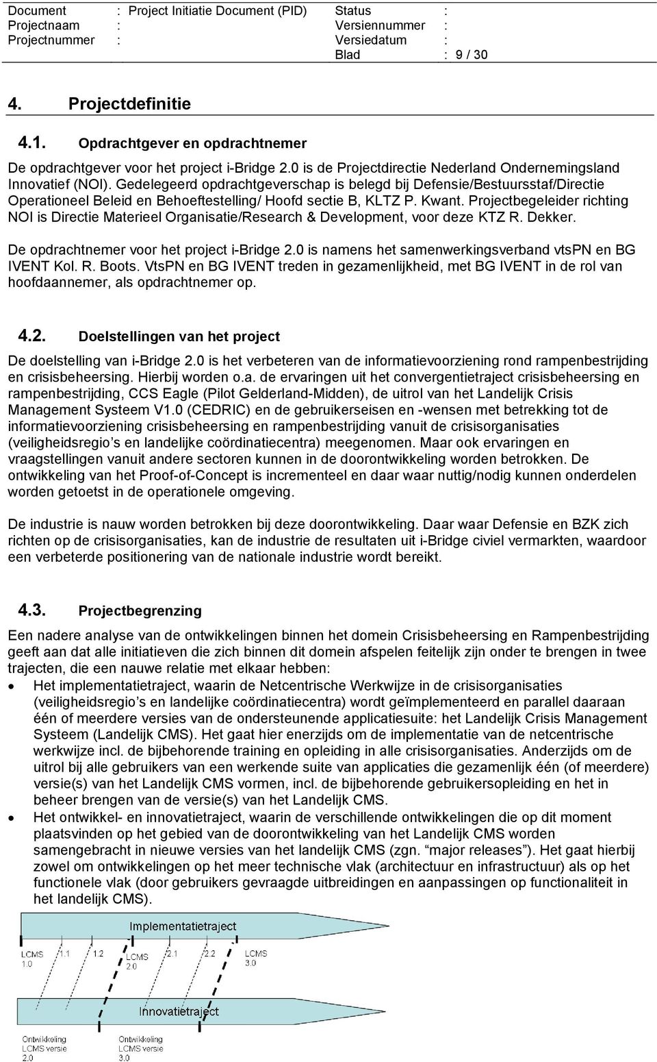 Projectbegeleider richting NOI is Directie Materieel Organisatie/Research & Development, voor deze KTZ R. Dekker. De opdrachtnemer voor het project i-bridge 2.