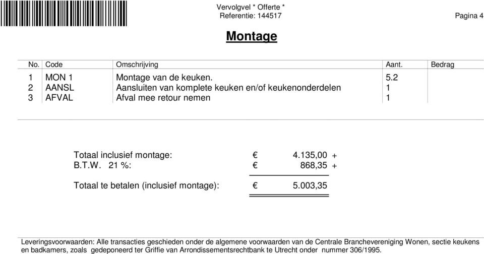 2 %: 868,35 + Totaal te betalen (inclusief montage): 5.