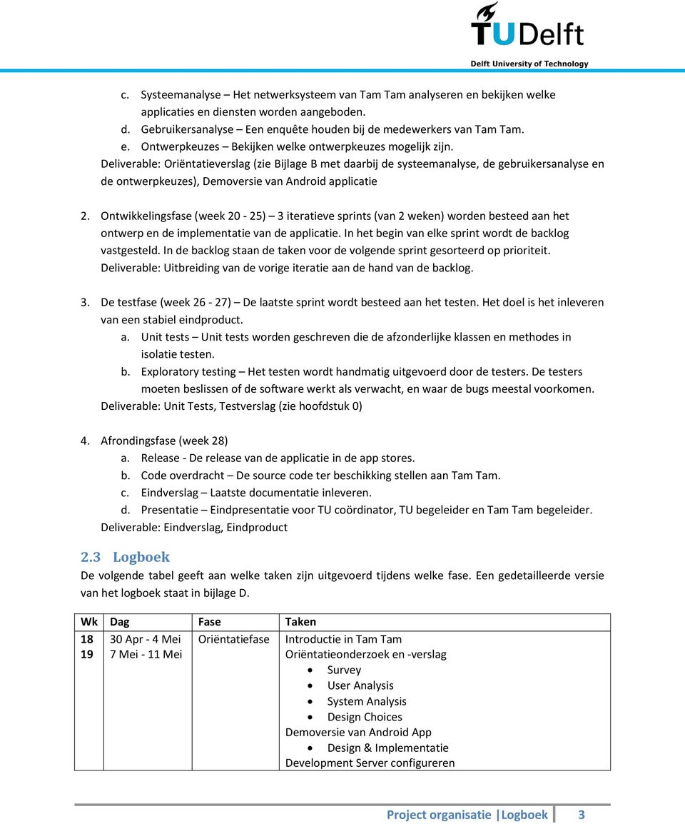 Ontwikkelingsfase (week 20-25) 3 iteratieve sprints (van 2 weken) worden besteed aan het ontwerp en de implementatie van de applicatie. In het begin van elke sprint wordt de backlog vastgesteld.