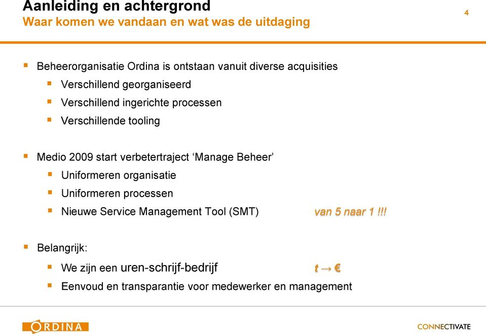 2009 start verbetertraject Manage Beheer Uniformeren organisatie Uniformeren processen Nieuwe Service Management