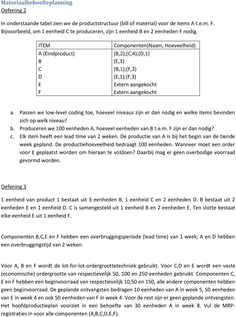 ITEM A (Eindproduct) B C D E F Componenten(Naam, Hoeveelheid) (B,2);(C,4);(D,1) (E,3) (B,1);(F,2) (E,1);(F,3) Extern aangekocht Extern aangekocht a.