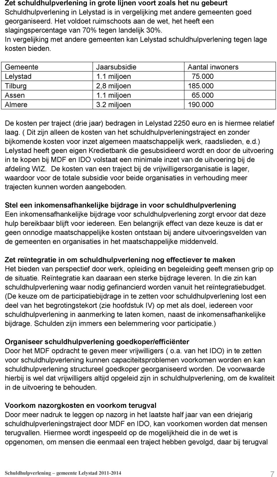 Gemeente Jaarsubsidie Aantal inwoners Lelystad 1.1 miljoen 75.000 Tilburg 2,8 miljoen 185.000 Assen 1.1 miljoen 65.000 Almere 3.2 miljoen 190.