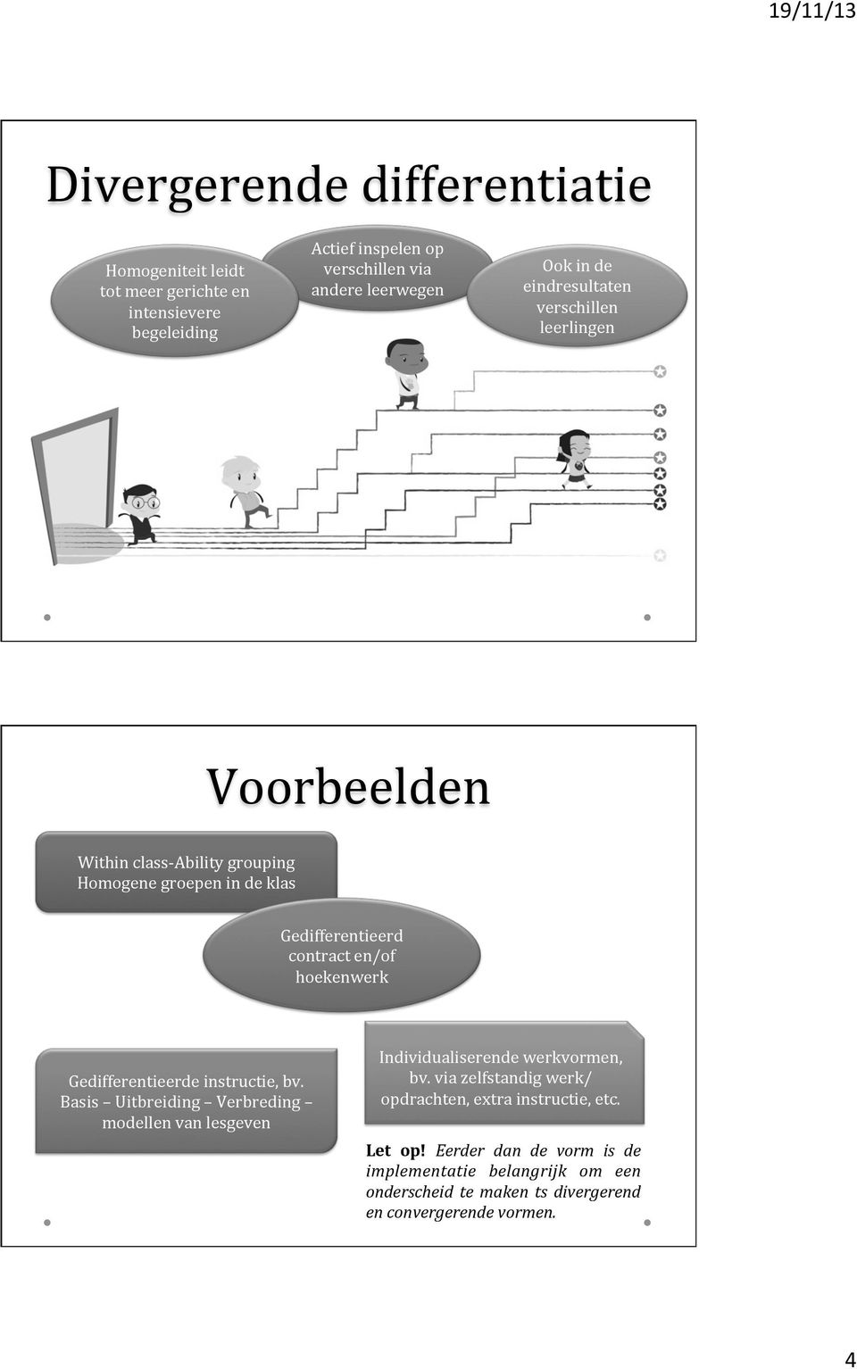 hoekenwerk Gedifferentieerde instructie, bv. Basis Uitbreiding Verbreding modellen van lesgeven Individualiserende werkvormen, bv.