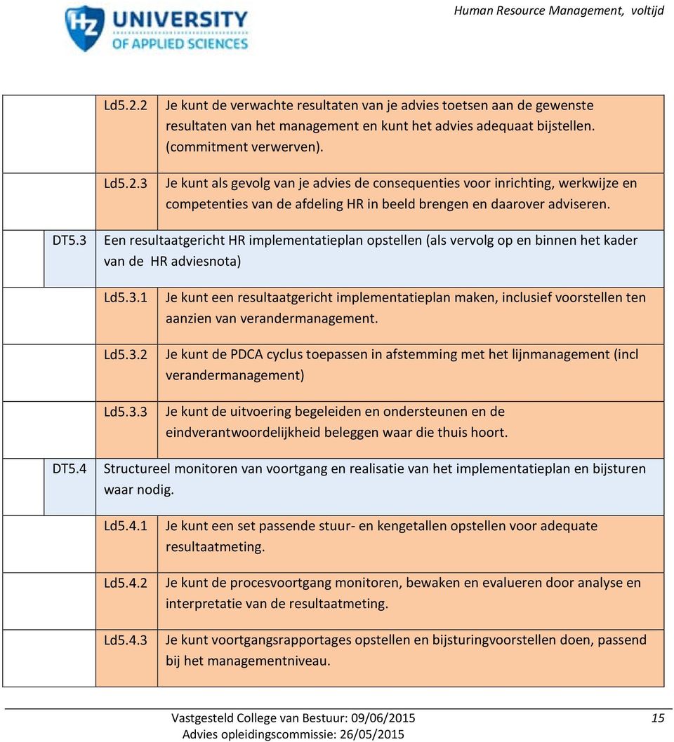 3 Een resultaatgericht HR implementatieplan opstellen (als vervolg op en binnen het kader van de HR adviesnota) Ld5.3.1 Ld5.3.2 Ld5.3.3 Je kunt een resultaatgericht implementatieplan maken, inclusief voorstellen ten aanzien van verandermanagement.