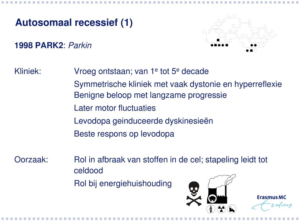 progressie Later motor fluctuaties Levodopa geinduceerde dyskinesieën Beste respons op