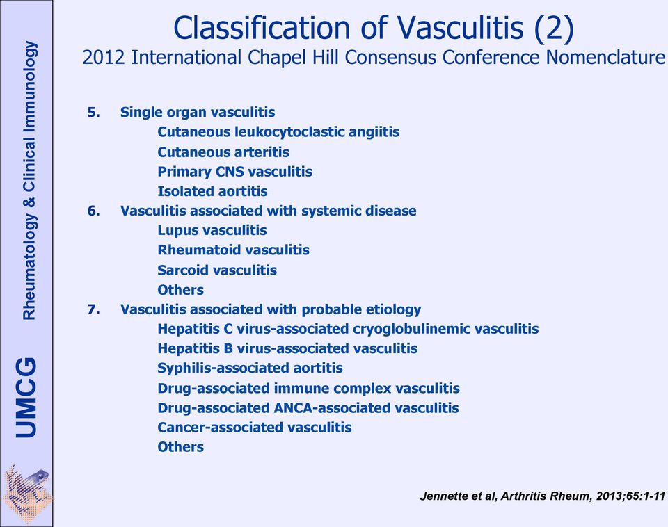 Vasculitis associated with systemic disease Lupus vasculitis Rheumatoid vasculitis Sarcoid vasculitis Others 7.