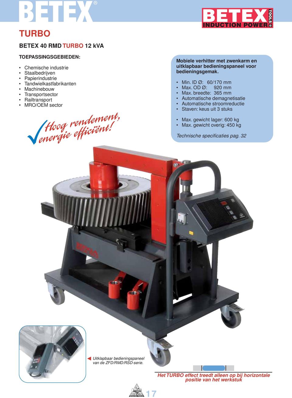 ID Ø: 60/170 mm Max. OD Ø: 920 mm Max. breedte: 365 mm Automatische demagnetisatie Automatische stroomreductie Staven: keus uit 3 stuks Max. gewicht lager: 600 kg Max.