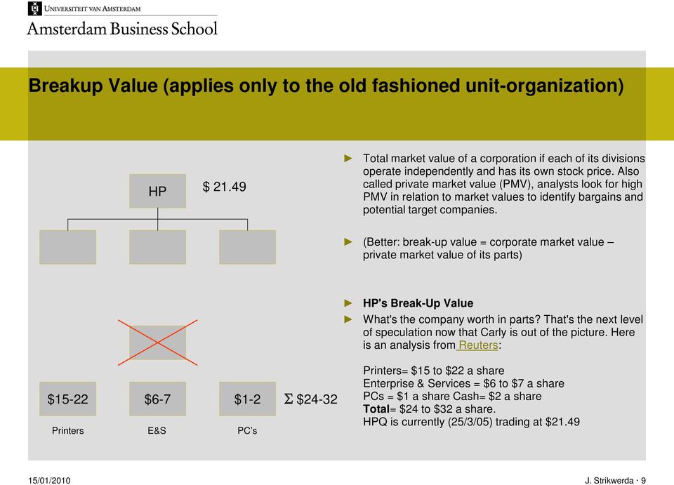 (Better: break-up value = corporate market value private market value of its parts) HP's Break-Up Value What's the company worth in parts?