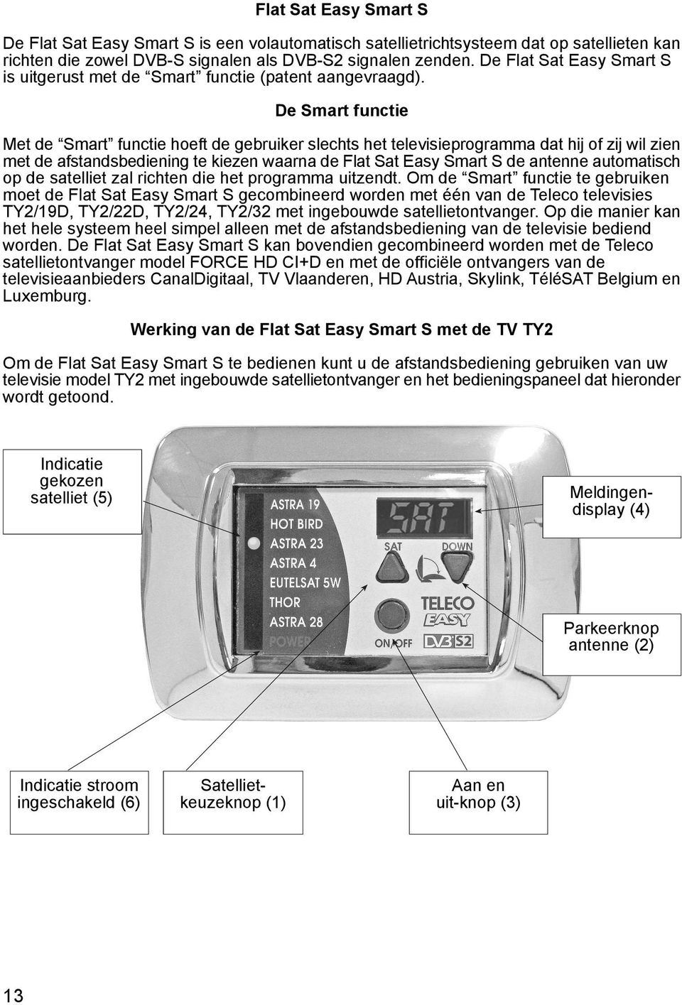 De Smart functie Met de Smart functie hoeft de gebruiker slechts het televisieprogramma dat hij of zij wil zien met de afstandsbediening te kiezen waarna de Flat Sat Easy Smart S de antenne