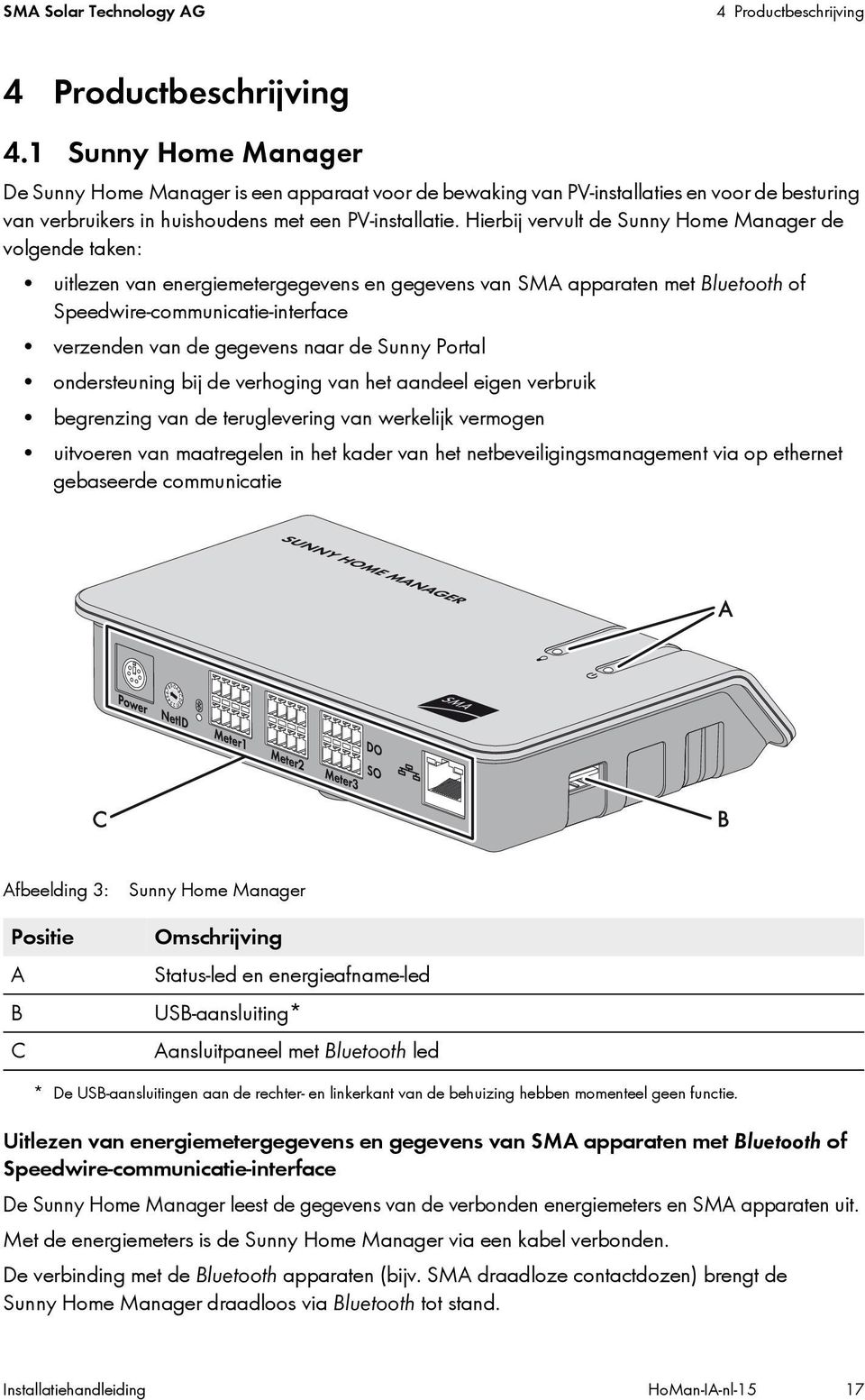 Hierbij vervult de Sunny Home Manager de volgende taken: uitlezen van energiemetergegevens en gegevens van SMA apparaten met Bluetooth of Speedwire-communicatie-interface verzenden van de gegevens