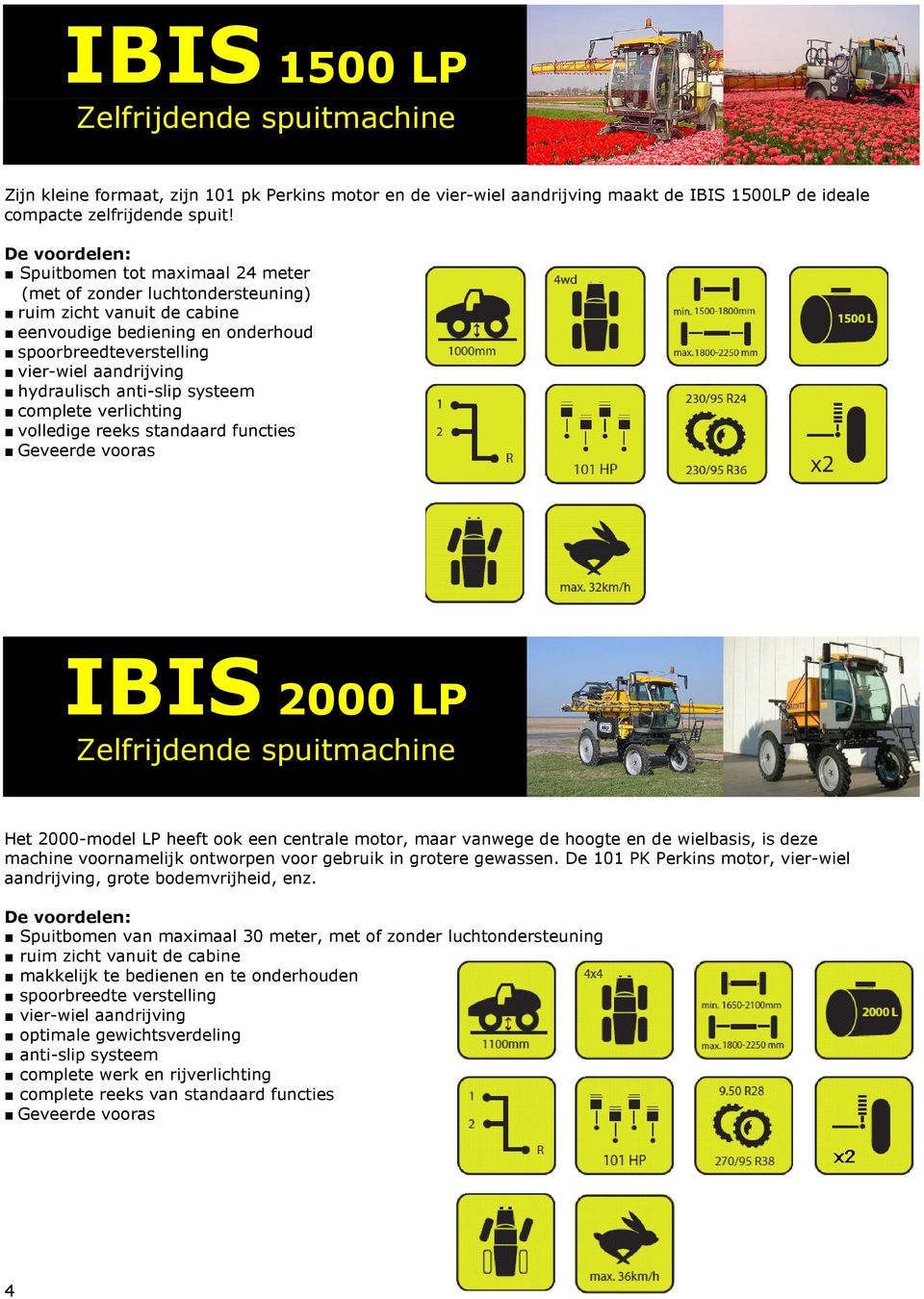 hydraulisch anti-slip systeem complete verlichting volledige reeks standaard functies Geveerde vooras IBIS 2000 LP Zelfrijdende spuitmachine Het 2000-model LP heeft ook een centrale motor, maar