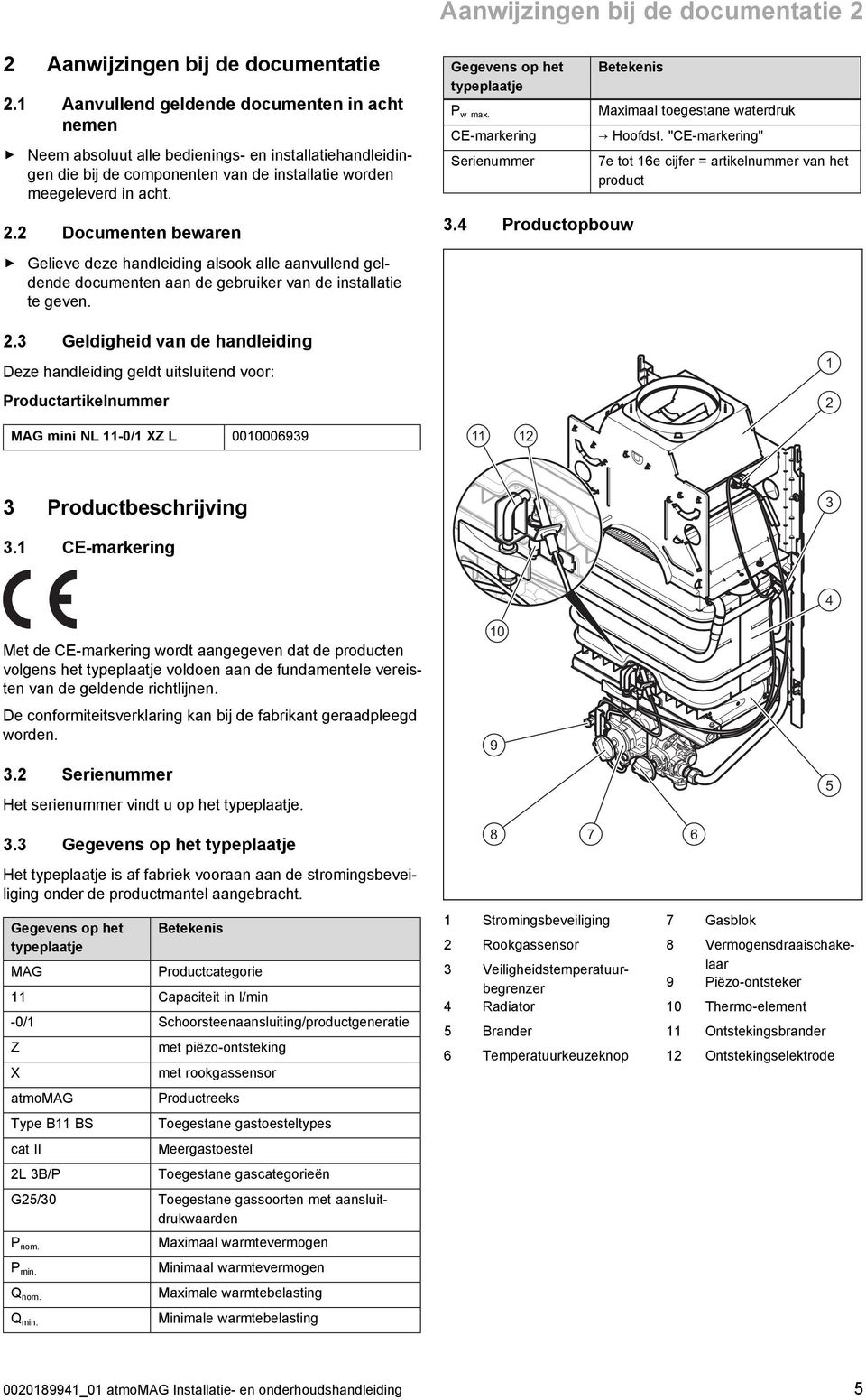 Gegevens op het typeplaatje P w max. CE -markering Serienummer Betekenis Maximaal toegestane waterdruk Hoofdst. "CE -markering" 7e tot 6e cijfer = artikelnummer van het product 2.