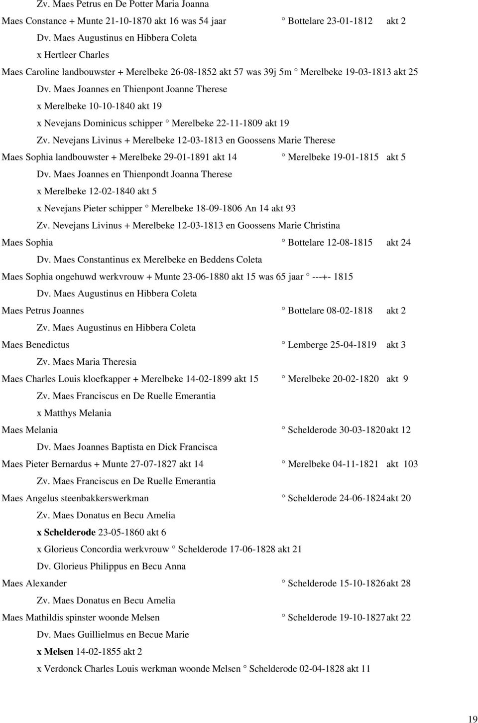 Maes Joannes en Thienpont Joanne Therese x Merelbeke 10-10-1840 akt 19 x Nevejans Dominicus schipper Merelbeke 22-11-1809 akt 19 Zv.