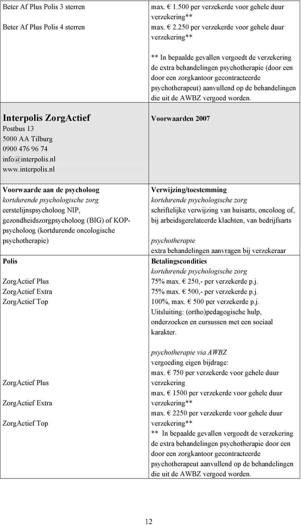 aanvullend op de behandelingen die uit de AWBZ vergoed worden. Interpolis ZorgActief Postbus 13 5000 AA Tilburg 0900 476 96 74 info@interpolis.