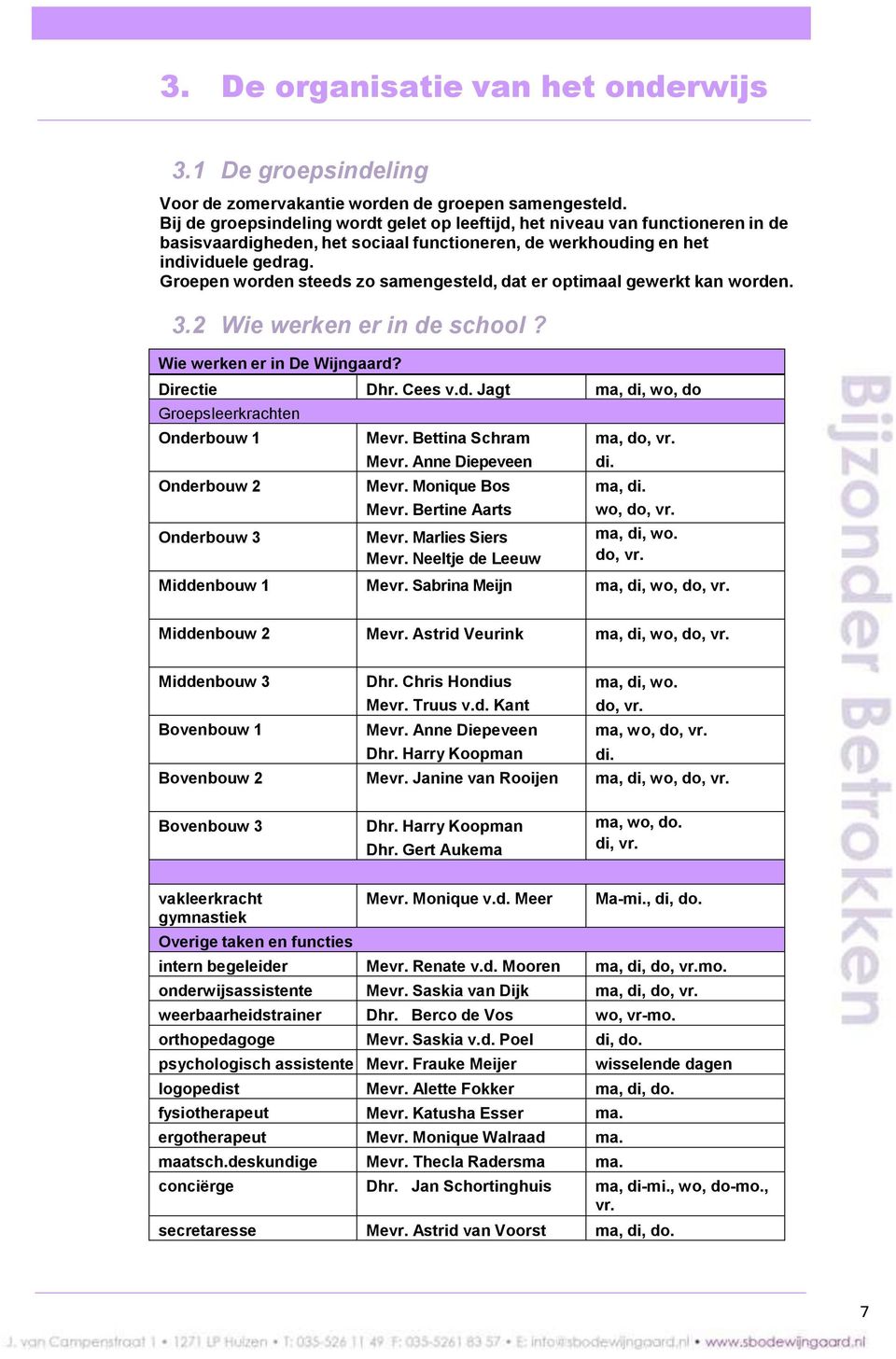 Groepen worden steeds zo samengesteld, dat er optimaal gewerkt kan worden. 3.2 Wie werken er in de school? Wie werken er in De Wijngaard? Directie Dhr. Cees v.d. Jagt ma, di, wo, do Groepsleerkrachten Onderbouw 1 Onderbouw 2 Onderbouw 3 Mevr.