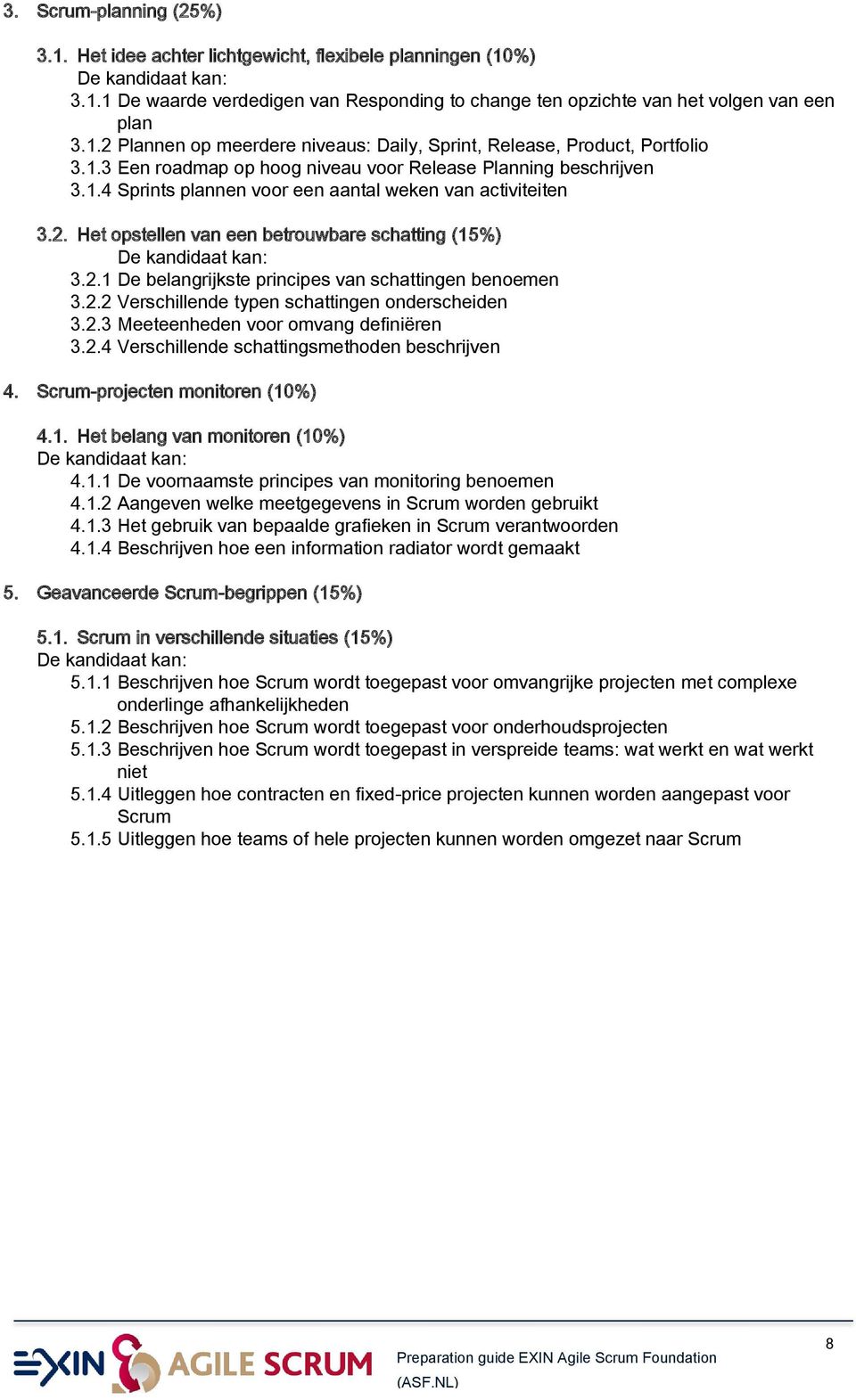 2.2 Verschillende typen schattingen onderscheiden 3.2.3 Meeteenheden voor omvang definiëren 3.2.4 Verschillende schattingsmethoden beschrijven 4. Scrum-projecten monitoren (10