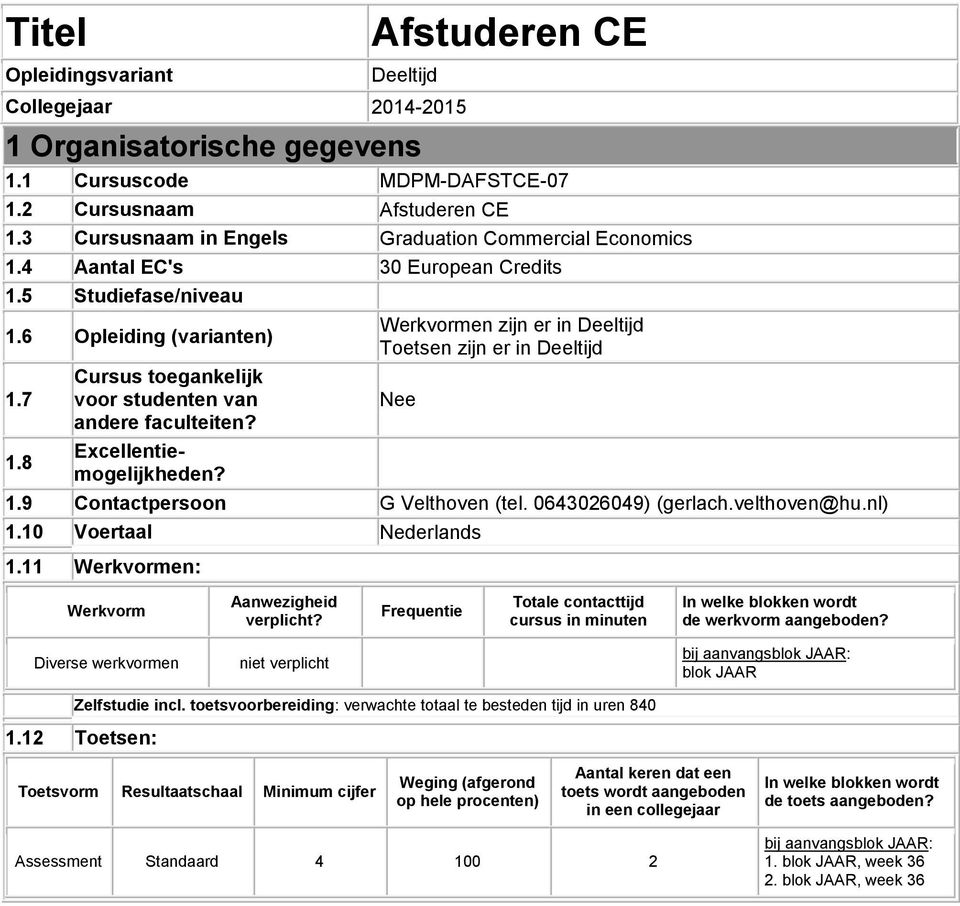 8 Cursus toegankelijk voor studenten van andere faculteiten? Excellentiemogelijkheden? Werkvormen zijn er in Deeltijd Toetsen zijn er in Deeltijd Nee 1.9 Contactpersoon G Velthoven (tel.