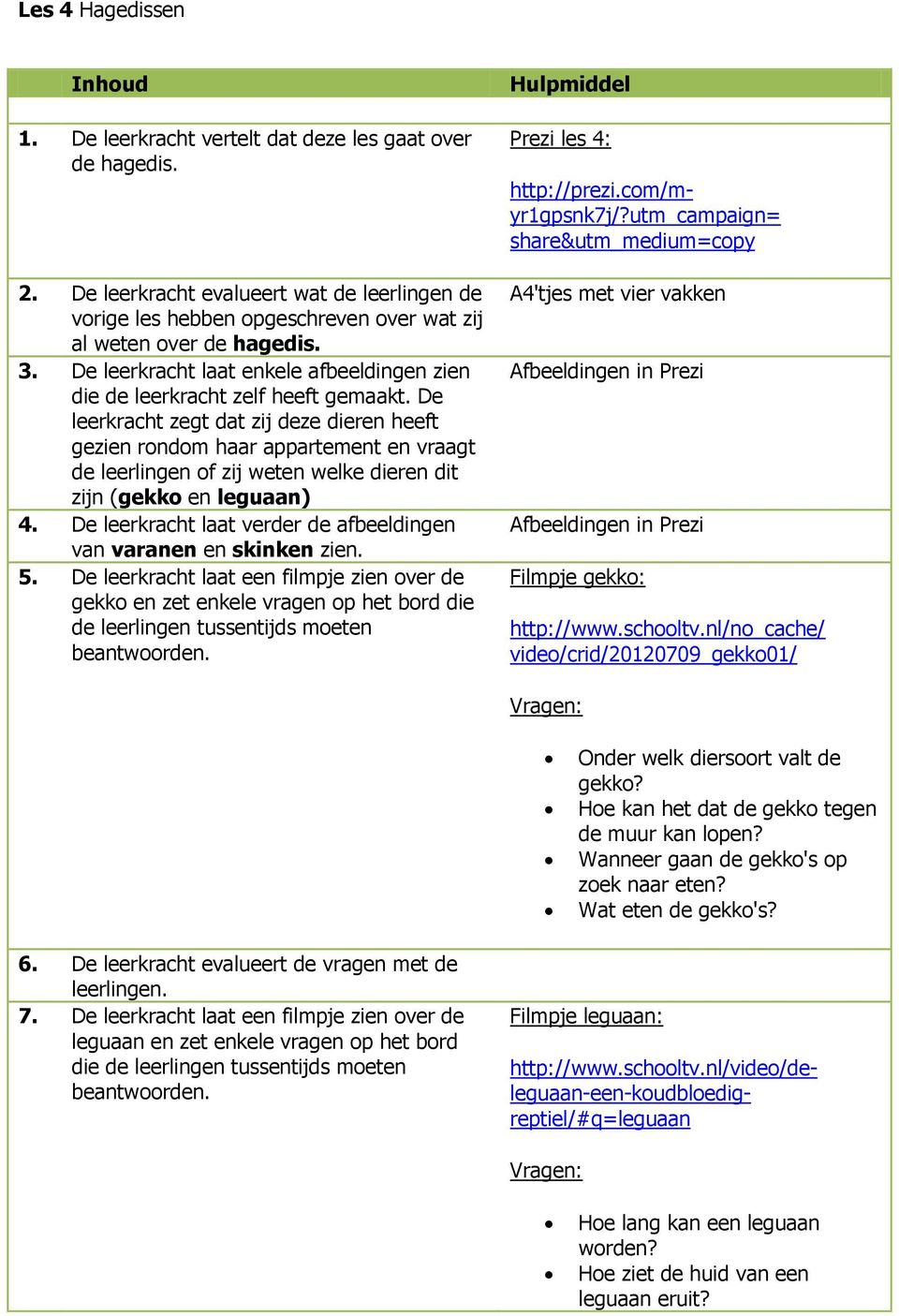 De leerkracht zegt dat zij deze dieren heeft gezien rondom haar appartement en vraagt de leerlingen of zij weten welke dieren dit zijn (gekko en leguaan) 4.