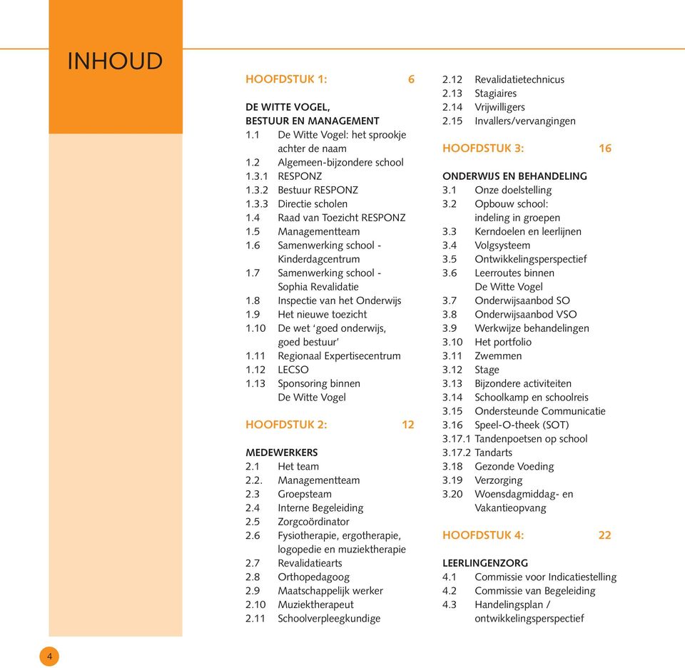 10 De wet goed onderwijs, goed bestuur 1.11 Regionaal Expertisecentrum 1.12 LECSO 1.13 Sponsoring binnen De Witte Vogel HOOFDSTUK 2: 12 MEDEWERKERS 2.1 Het team 2.2. Managementteam 2.3 Groepsteam 2.