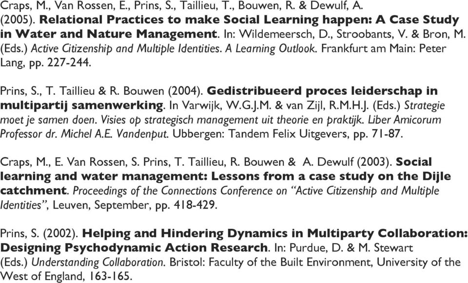 Bouwen (2004). Gedistribueerd proces leiderschap in multipartij samenwerking. In Varwijk, W.G.J.M. & van Zijl, R.M.H.J. (Eds.) Strategie moet je samen doen.