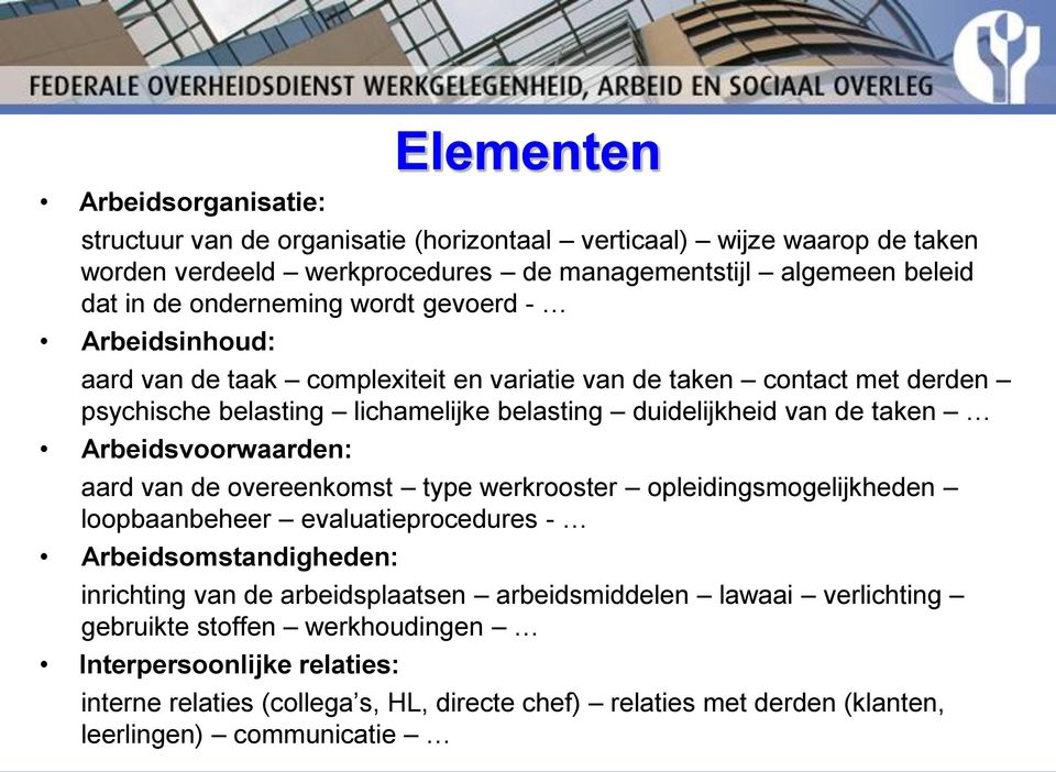 taken Arbeidsvoorwaarden: aard van de overeenkomst type werkrooster opleidingsmogelijkheden loopbaanbeheer evaluatieprocedures - Arbeidsomstandigheden: inrichting van de arbeidsplaatsen