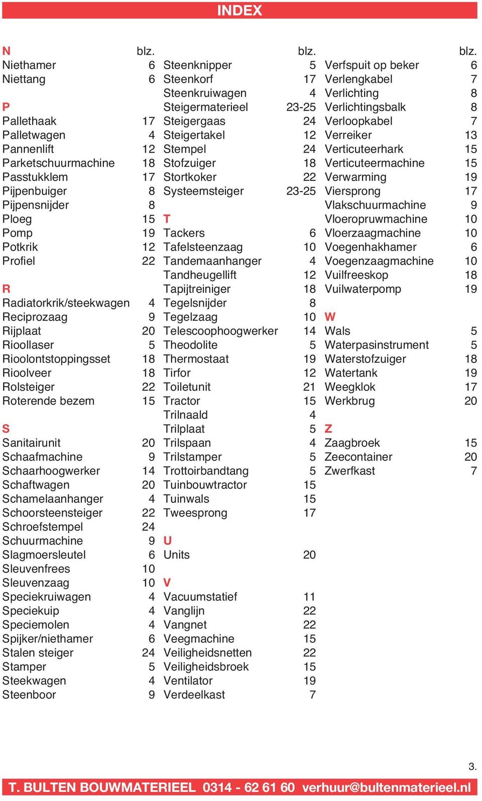 Radiatorkrik/steekwagen 4 Reciprozaag 9 Rijplaat 20 Rioollaser 5 Rioolontstoppingsset 18 Rioolveer 18 Rolsteiger 22 Roterende bezem 15 S Sanitairunit 20 Schaafmachine 9 Schaarhoogwerker 14